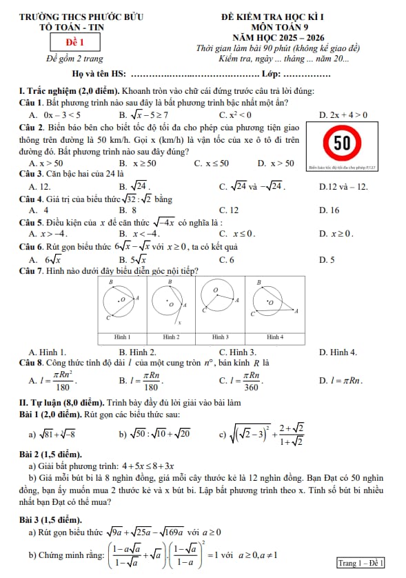 đề học kì 1 toán 9 năm 2025 – 2026 trường thcs phước bửu – tp hcm