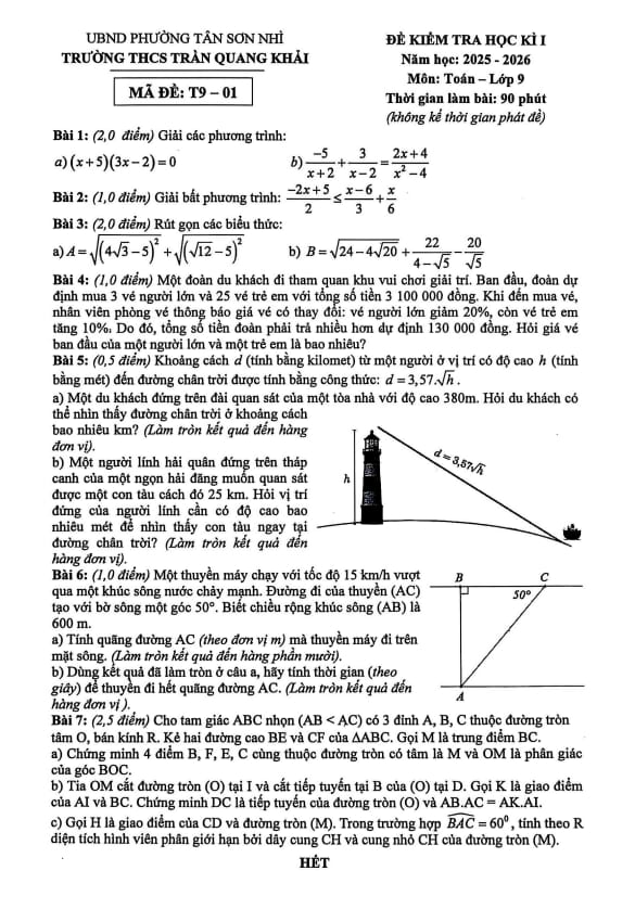 đề học kì 1 toán 9 năm 2025 – 2026 trường thcs trần quang khải – tp hcm