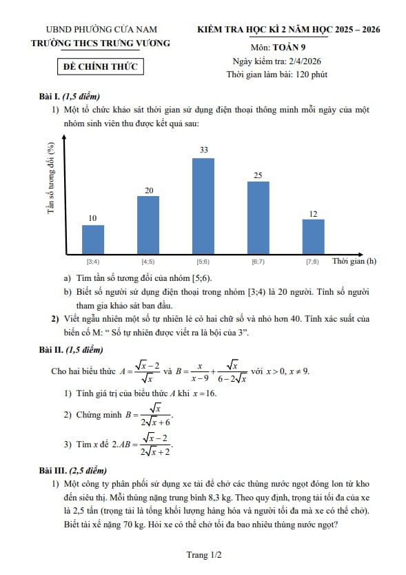 đề học kì 2 toán 9 năm 2025 – 2026 trường thcs trưng vương – hà nội