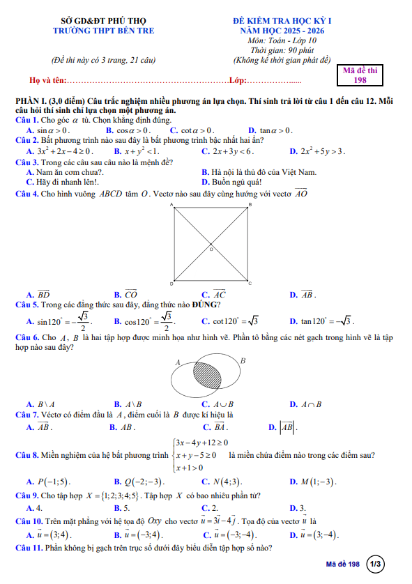 đề học kỳ 1 toán 10 năm 2025 – 2026 trường thpt bến tre – phú thọ