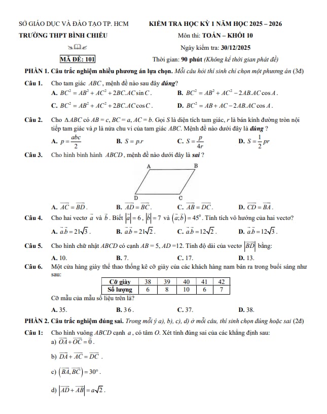 Tài liệu đề học kỳ 1 toán 10 năm 2025 – 2026 trường thpt bình chiểu – tp hcm