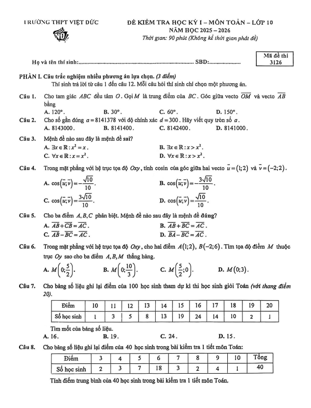 đề học kỳ 1 toán 10 năm 2025 – 2026 trường thpt việt đức – hà nội
