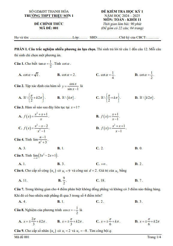 đề học kỳ 1 toán 11 năm 2024 – 2025 trường thpt triệu sơn 1 – thanh hóa