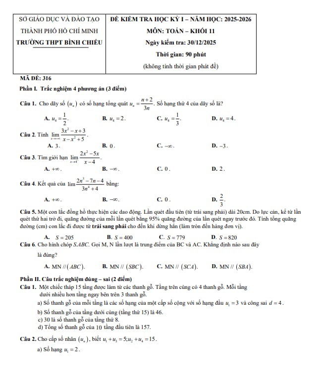 Tài liệu đề học kỳ 1 toán 11 năm 2025 – 2026 trường thpt bình chiểu – tp hcm