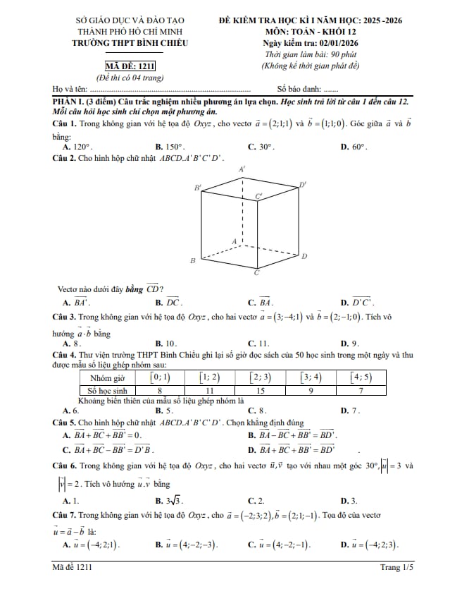 Tài liệu đề học kỳ 1 toán 12 năm 2025 – 2026 trường thpt bình chiểu – tp hcm