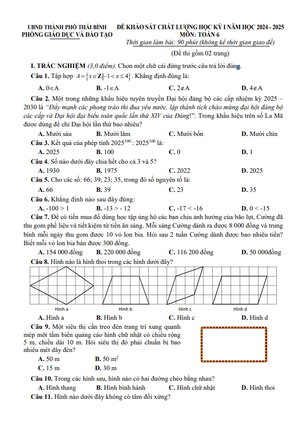 đề học kỳ 1 toán 6 năm 2024 – 2025 phòng gd&đt thành phố thái bình