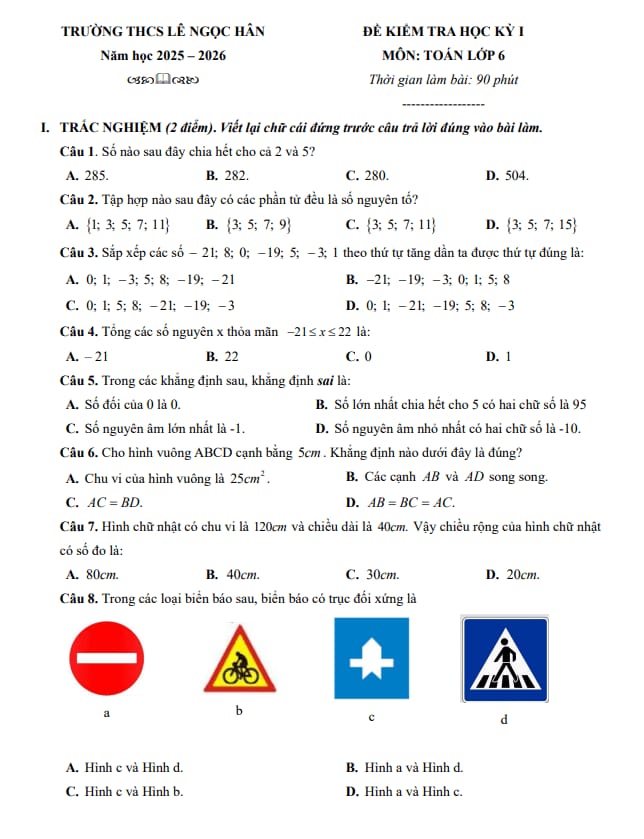 đề học kỳ 1 toán 6 năm 2025 – 2026 trường thcs lê ngọc hân – hà nội