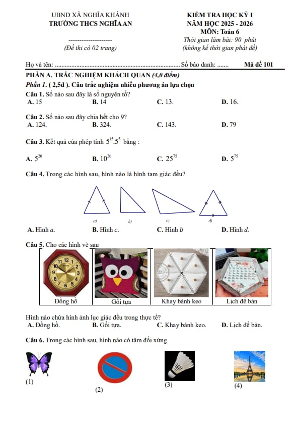 đề học kỳ 1 toán 6 năm 2025 – 2026 trường thcs nghĩa an – nghệ an