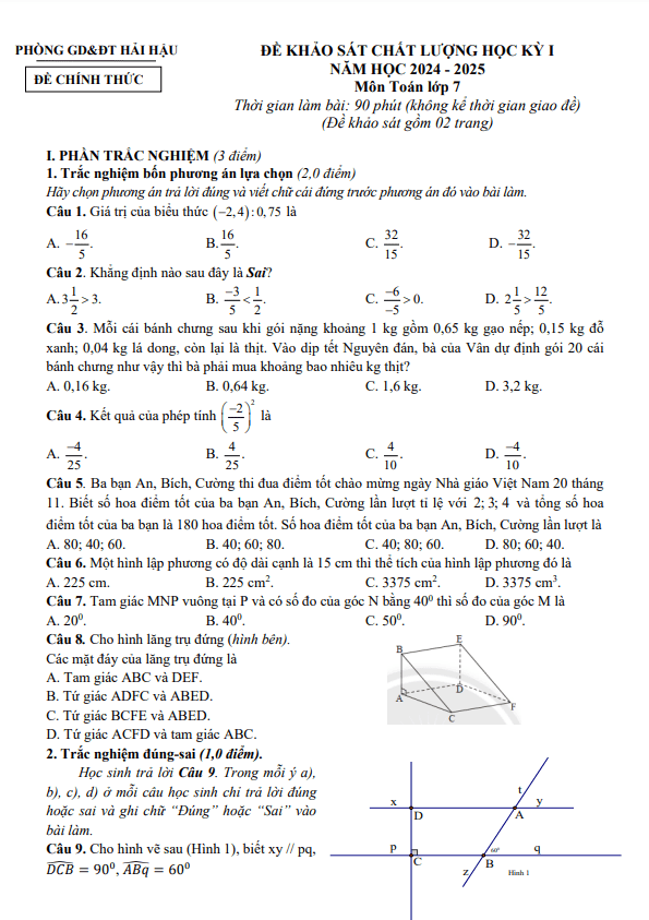 đề học kỳ 1 toán 7 năm 2024 – 2025 phòng gd&đt hải hậu – nam định