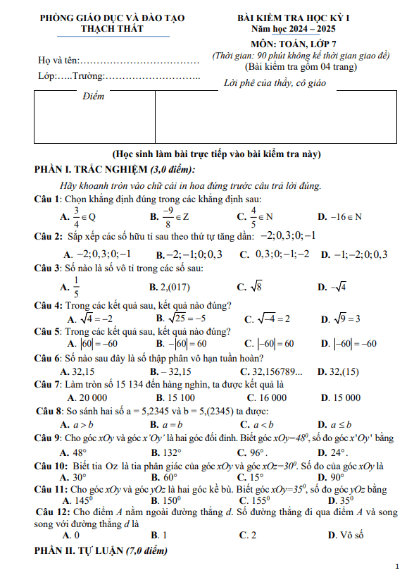đề học kỳ 1 toán 7 năm 2024 – 2025 phòng gd&đt thạch thất – hà nội