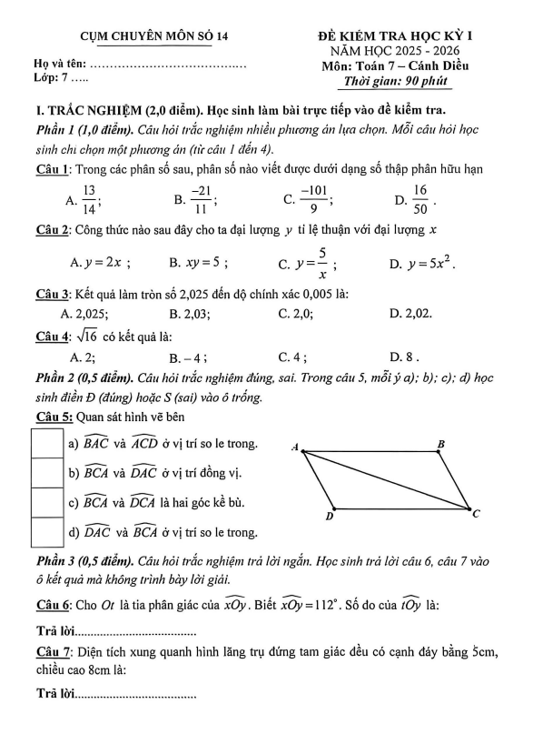 đề học kỳ 1 toán 7 năm 2025 – 2026 cụm chuyên môn số 14 – hà nội
