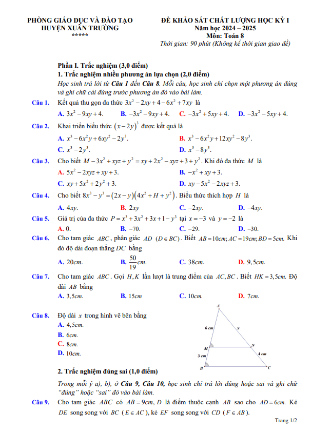 đề học kỳ 1 toán 8 năm 2024 – 2025 phòng gd&đt xuân trường – nam định