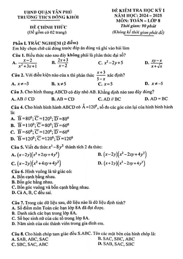 đề học kỳ 1 toán 8 năm 2024 – 2025 trường thcs đồng khởi – tp hcm