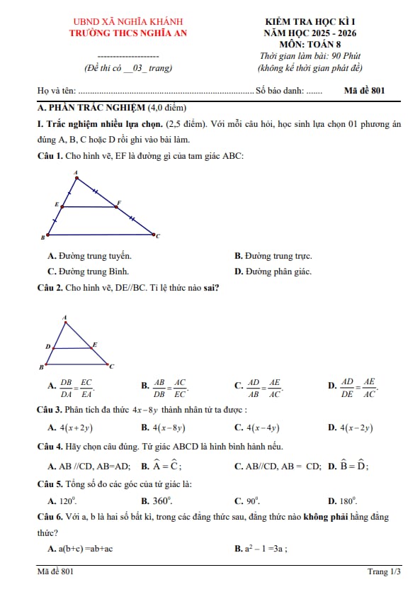 đề học kỳ 1 toán 8 năm 2025 – 2026 trường thcs nghĩa an – nghệ an