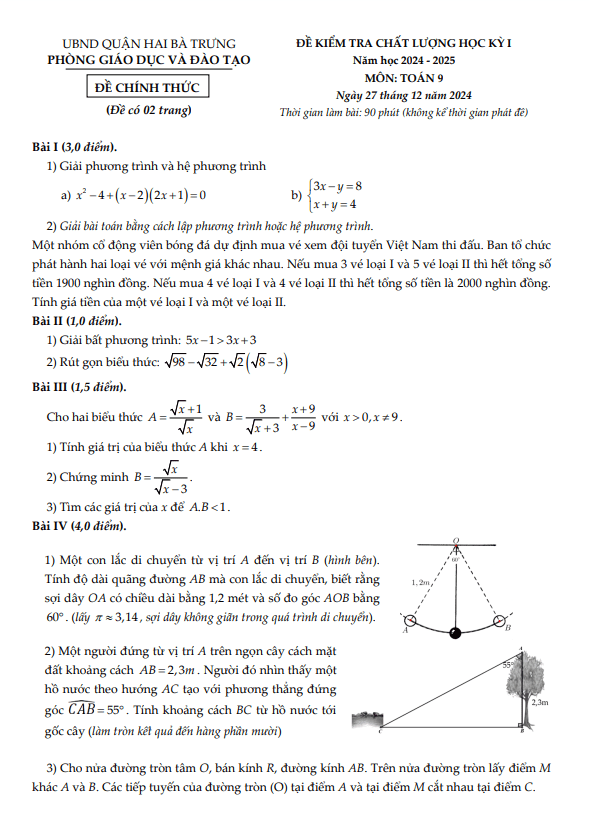 đề học kỳ 1 toán 9 năm 2024 – 2025 phòng gd&đt hai bà trưng – hà nội