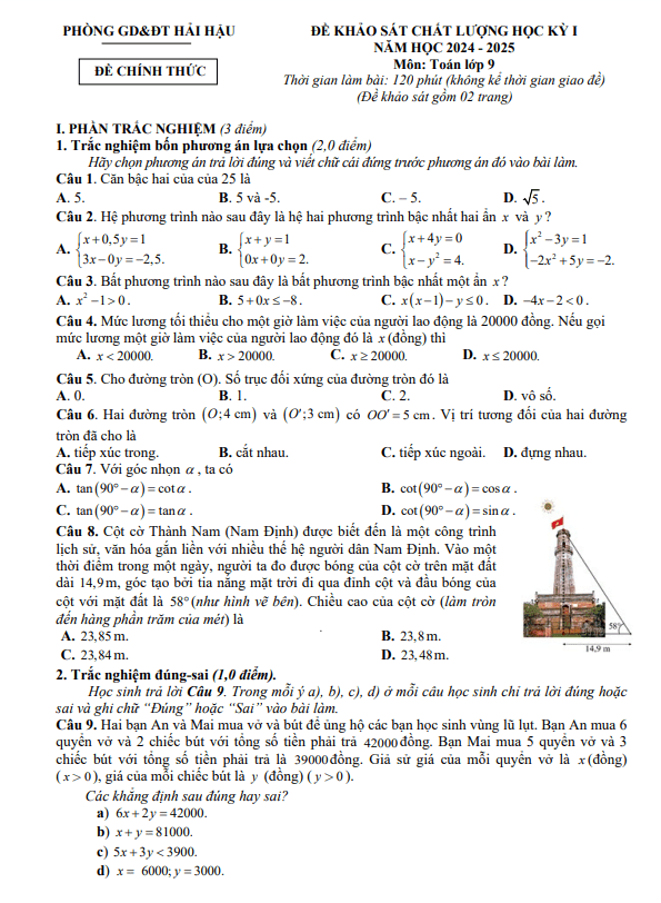 đề học kỳ 1 toán 9 năm 2024 – 2025 phòng gd&đt hải hậu – nam định