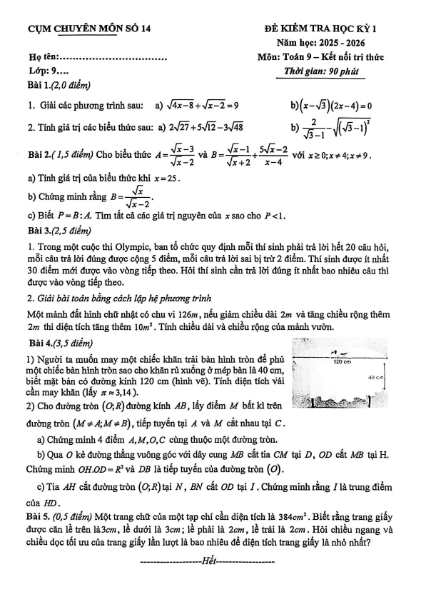đề học kỳ 1 toán 9 năm 2025 – 2026 cụm chuyên môn số 14 – hà nội