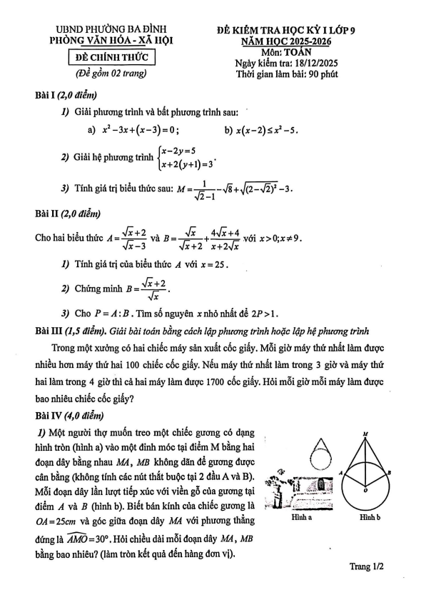 đề học kỳ 1 toán 9 năm 2025 – 2026 phường ba đình – hà nội