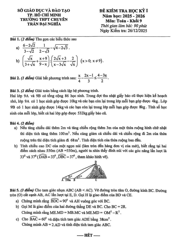 đề học kỳ 1 toán 9 năm 2025 – 2026 trường chuyên trần đại nghĩa – tp hcm
