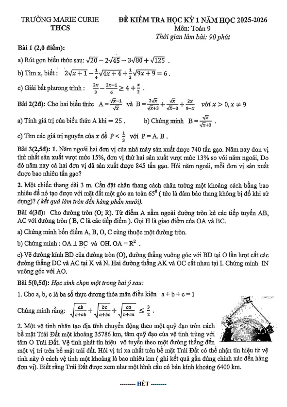 đề học kỳ 1 toán 9 năm 2025 – 2026 trường marie curie – hà nội