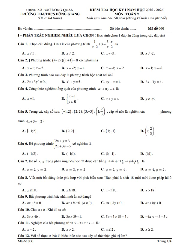 đề học kỳ 1 toán 9 năm 2025 – 2026 trường th&thcs đông giang – hưng yên
