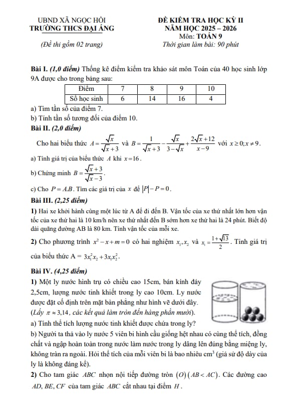 đề học kỳ 2 toán 9 năm 2025 – 2026 trường thcs đại áng – hà nội