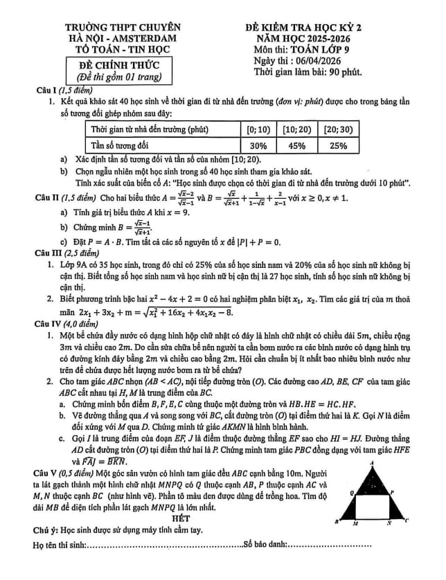 đề học kỳ 2 toán 9 năm 2025 – 2026 trường thpt chuyên hà nội – amsterdam