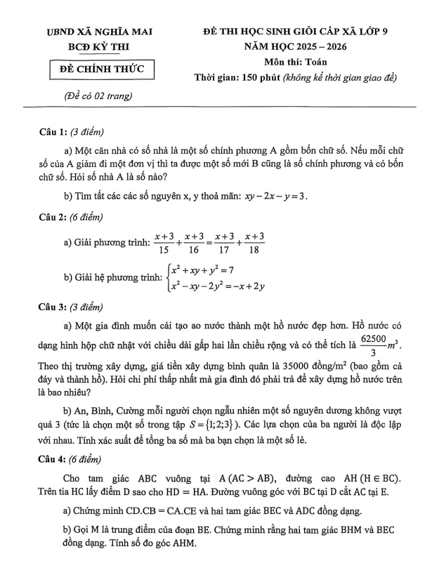 đề học sinh giỏi cấp xã toán 9 năm 2025 – 2026 xã nghĩa mai – nghệ an