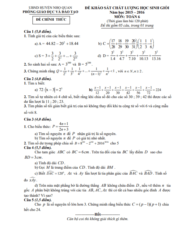 đề học sinh giỏi huyện toán 6 năm 2015 – 2016 phòng gd&đt nho quan – ninh bình