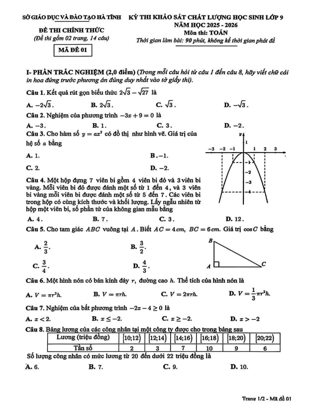đề khảo sát chất lượng toán 9 năm 2025 – 2026 sở gd&đt hà tĩnh