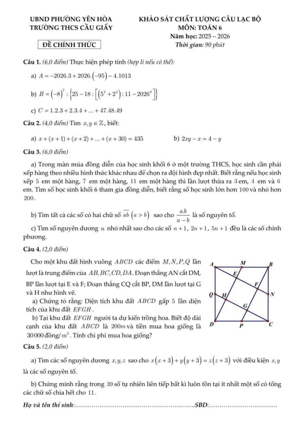 đề khảo sát clb toán 6 năm 2025 – 2026 trường thcs cầu giấy – hà nội