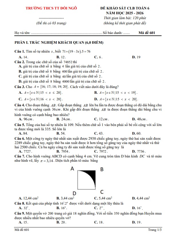 đề khảo sát clb toán 6 năm 2025 – 2026 trường thcs tt đồi ngô – bắc ninh