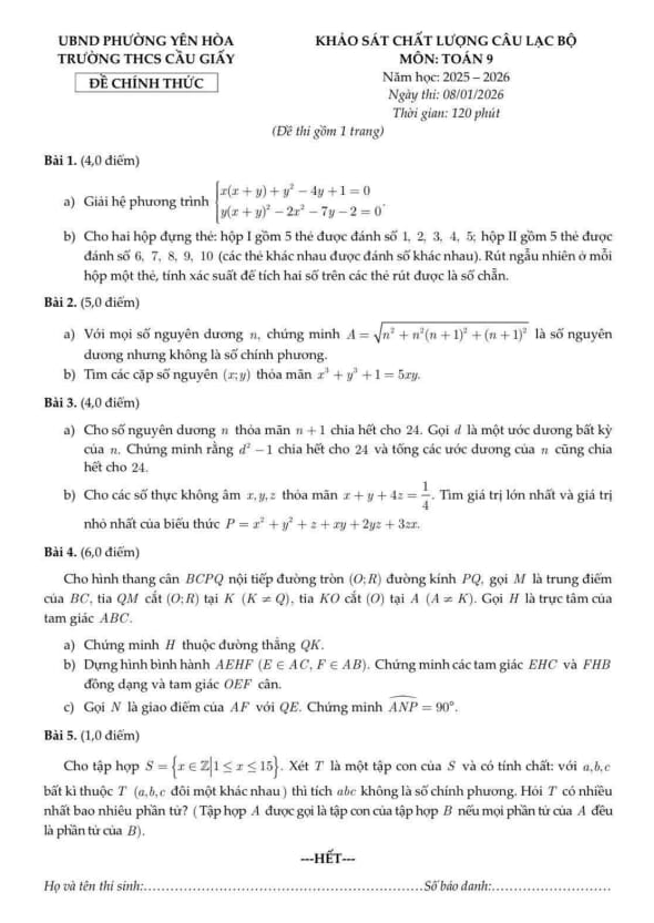 đề khảo sát clb toán 9 năm 2025 – 2026 trường thcs cầu giấy – hà nội