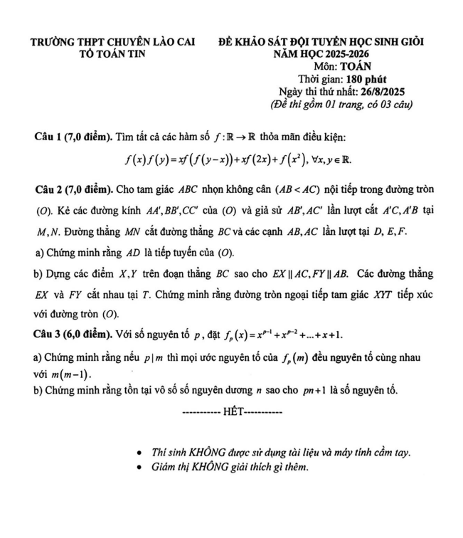 đề khảo sát đội tuyển hsg toán năm 2025 – 2026 trường thpt chuyên lào cai