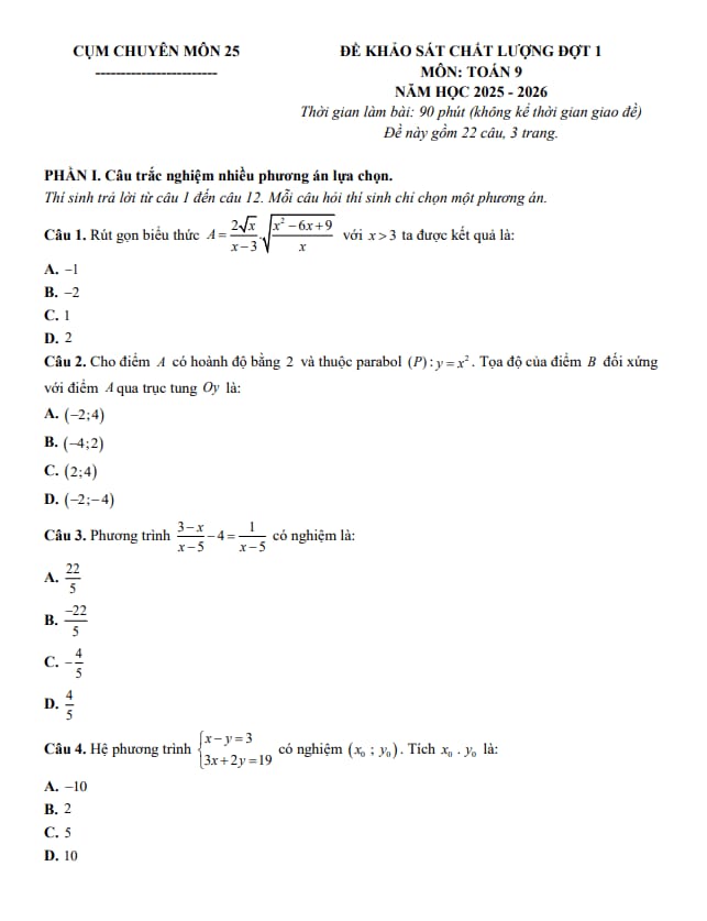 đề khảo sát đợt 1 toán 9 năm 2025 – 2026 cụm chuyên môn số 25 – hải phòng