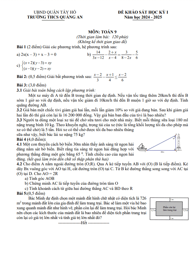 đề khảo sát học kỳ 1 toán 9 năm 2024 – 2025 trường thcs quảng an – hà nội