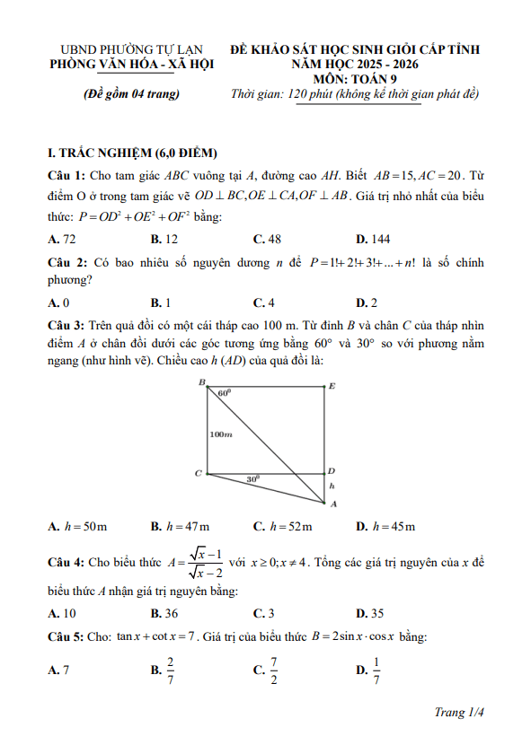 đề khảo sát hsg tỉnh toán 9 năm 2025 – 2026 phường tự lạn – bắc ninh