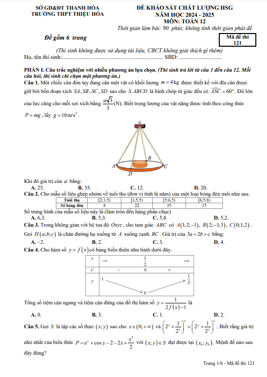 đề khảo sát hsg toán 12 năm 2024 – 2025 trường thpt thiệu hóa – thanh hóa