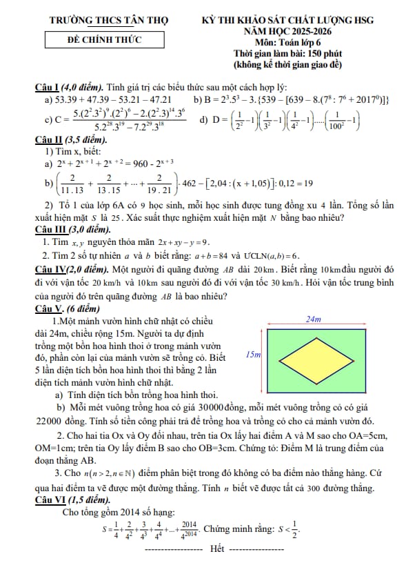 đề khảo sát hsg toán 6 năm 2025 – 2026 trường thcs tân thọ – thanh hóa