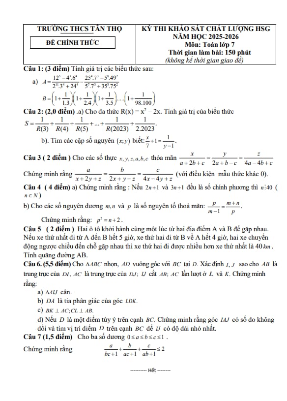 đề khảo sát hsg toán 7 năm 2025 – 2026 trường thcs tân thọ – thanh hóa