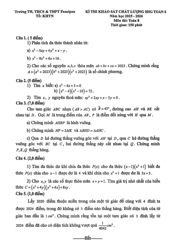 đề khảo sát hsg toán 8 năm 2025 – 2026 trường fansipan – thanh hóa