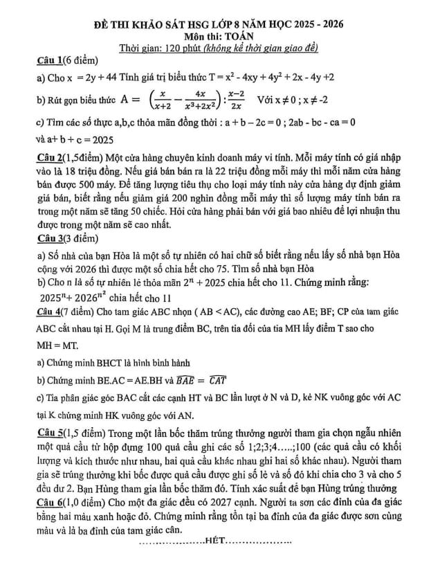 đề khảo sát hsg toán 8 năm 2025 – 2026 trường thcs lý nhật quang – nghệ an