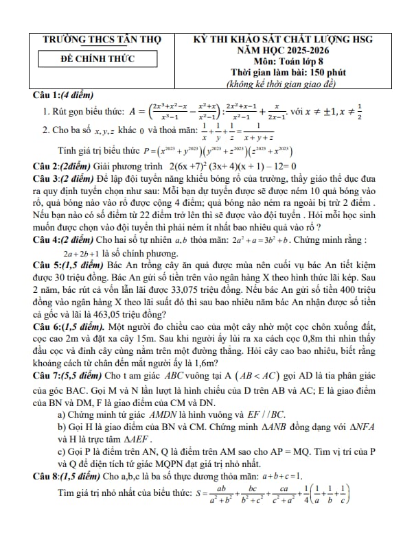 đề khảo sát hsg toán 8 năm 2025 – 2026 trường thcs tân thọ – thanh hóa