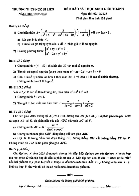 đề khảo sát hsg toán 9 năm 2025 – 2026 trường thcs ngô sĩ liên – hà nội
