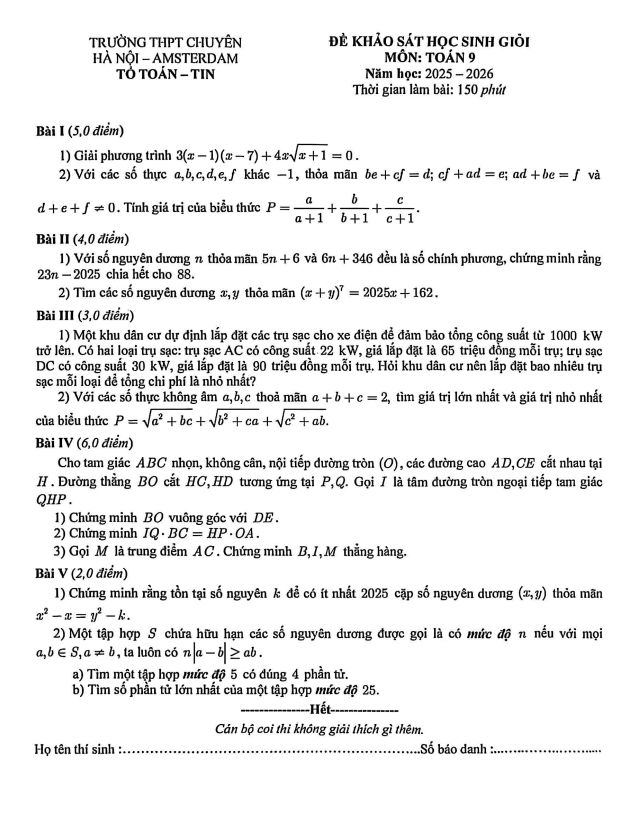 đề khảo sát hsg toán 9 năm 2025 – 2026 trường thpt chuyên hà nội – amsterdam