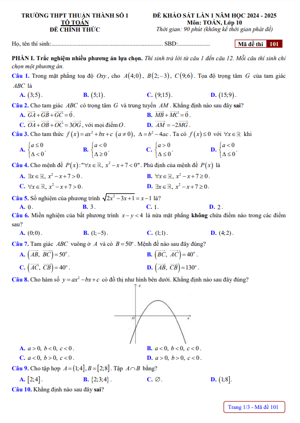 đề khảo sát lần 1 toán 10 năm 2024 – 2025 trường thpt thuận thành 1 – bắc ninh