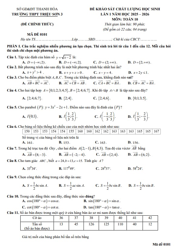 đề khảo sát lần 1 toán 10 năm 2025 – 2026 trường thpt triệu sơn 3 – thanh hóa