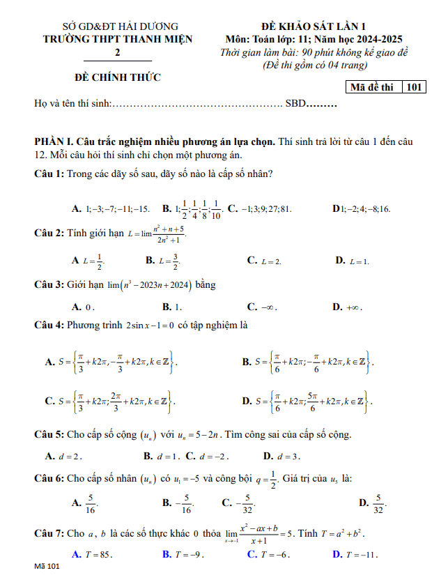 đề khảo sát lần 1 toán 11 năm 2024 – 2025 trường thpt thanh miện 2 – hải dương