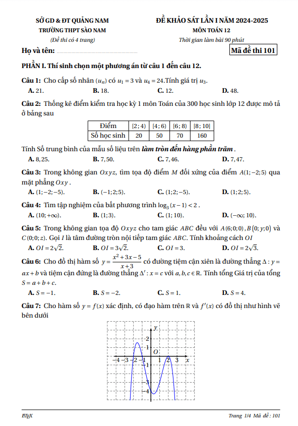 đề khảo sát lần 1 toán 12 năm 2024 – 2025 trường thpt sào nam – quảng nam
