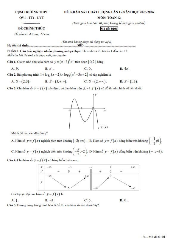 đề khảo sát lần 1 toán 12 năm 2025 – 2026 cụm trường thpt qv1-tt1-lvt – bắc ninh